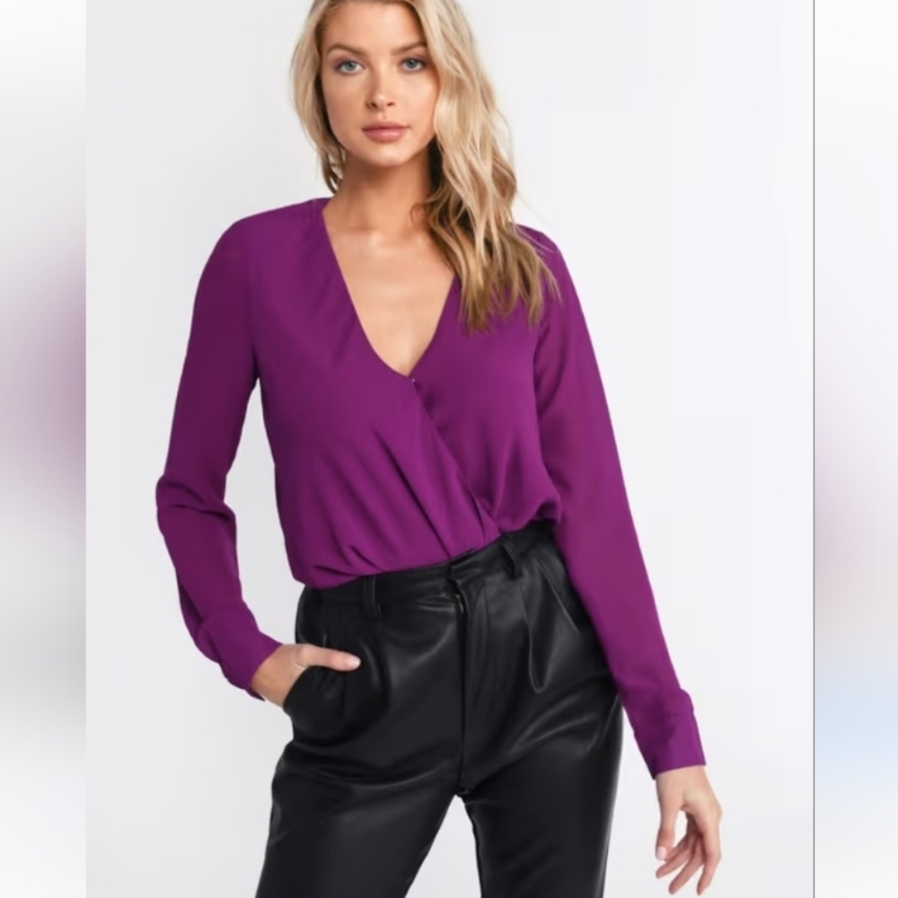 Lush Violet Wrap-Front V-Neck Blouse